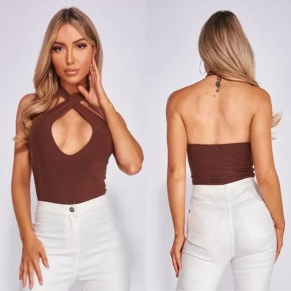 Tops - Brown Sleeveless Halter Neck Open Back Backless Bodycon Bodysuit Leotard Top